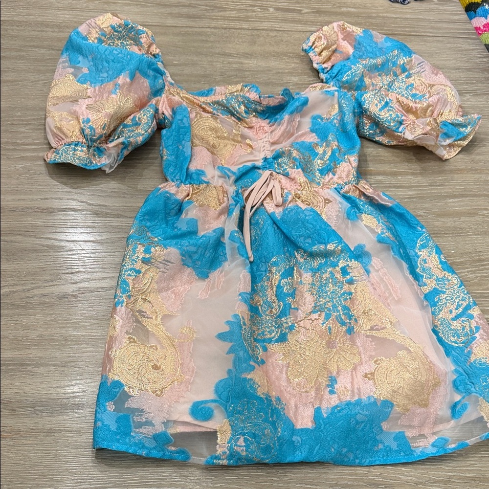 Women  Puff Sleeve Floral Lace Dress in Pink & Blue